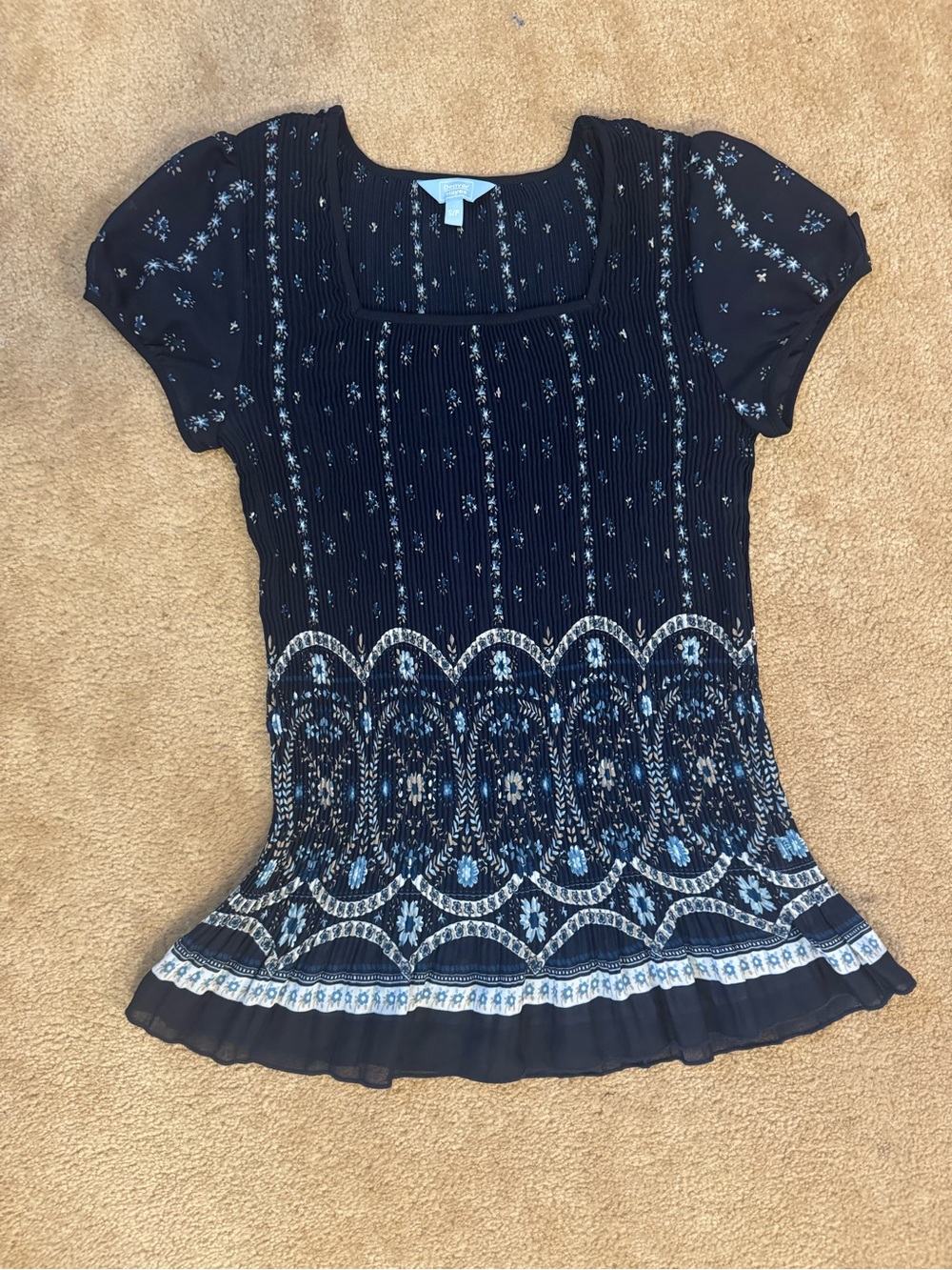 Denver Hayes Navy Blue Floral Scoop Neck Short Sleeve Blouse